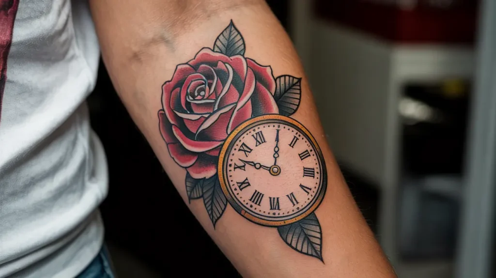 Rose Tattoo Meaning: What Your Ink Says About You 11 Rose and Clock Tattoo