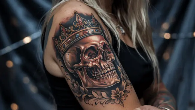 Crown Tattoo Meaning - Symbolism Placements & Styles 7 Skull with Crown Tattoo Meaning
